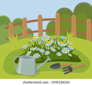 Flower Bed With Watering Can And Garden Tools. Flat Cartoon Vector Illustration.