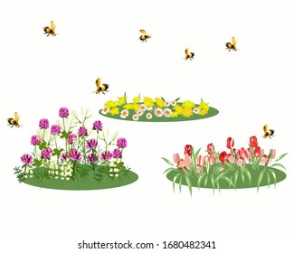 Flower beds with flowers and cute bees in the spring