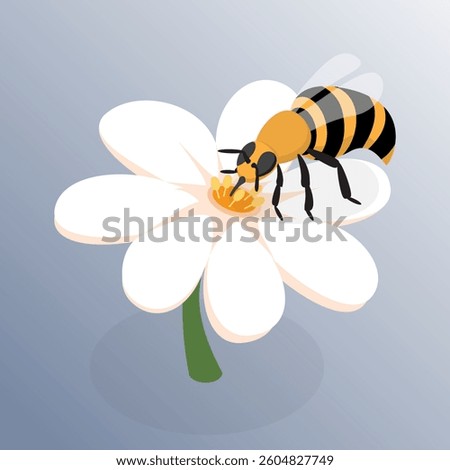 Flower with a bee collecting nectar. 3d flat isometric vector illustration.