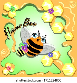 Flower Bee. Cute orange bee with flower bucket in a front of honeycombs. Vector illustration.