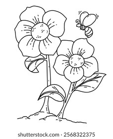 Flower and bee drawing for children's coloring book. Minimalist design with thick black lines