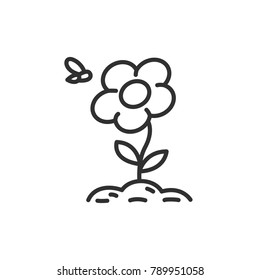 Flower and bee. Pollination. Line with Editable stroke