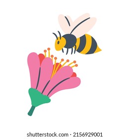 flower and bee spring or springtime single isolated icon with doodle colorfull color style