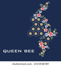 Flower and bee vector symbol and seamless background with honeycombs. Flower honey linear logo, label, tags design elements. Concept for honey package, banner, wrapping. Abstract food background