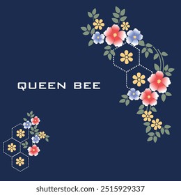 Flower and bee vector symbol and seamless background with honeycombs. Flower honey linear logo, label, tags design elements. Concept for honey package, banner, wrapping. Abstract food background