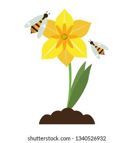 Flower with bees cartoon isolated
