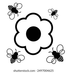 Flower and bees icon in grey scale isolated on white background.