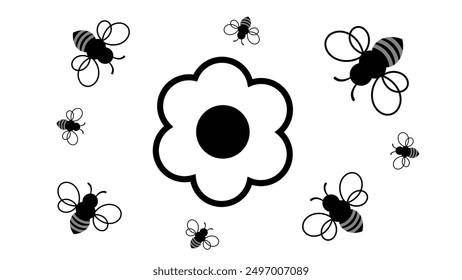 Flower and bees icon in grey scale isolated on white background.