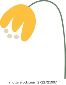 Blume mit gebogenem Schaft und hängender Blüte, einfache Formen und glatte Kurven. Symbol für Ermüdung, Niedergang und Fragilität, was auf Verwelkung, Traurigkeit und das Ende des Zyklus hindeutet. Cartoon, Vektorgrafik.