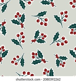 Flower and berries Christmas Seamless pattern vector background, digital paper for textile, fabric, wrapping paper, wallpaper, stationery