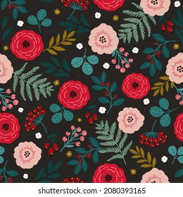 Flower and berries Christmas Seamless pattern vector background, digital paper for textile, fabric, wrapping paper, wallpaper, stationery