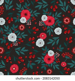 Flores y bayas Navidad Sombra de fondo vectorial, papel digital para textiles, tela, papel de envoltura, papel tapiz, papel de papelería