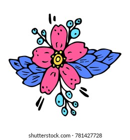 Flower with berries vector illustration. Doodle style. Design, print, decor, textile, paper