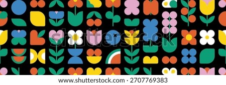 Flower berry fruit abstract geometric shapes. Brutal modern contemporary seamless pattern with icon arch cloud vawe circle and other primitive elements. Swiss design aesthetic. Bauhaus memphis design.