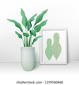 Flower with big leaves in a pot and a big frame for pictures. Interior design. Vector illustration