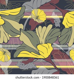 Flower bindweed. Garden, meadow plant bindweed. Seamless vector pattern with flowers, lines and geometry. Hand drawing.