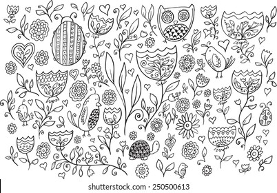 Flower Bird Doodle Vector Illustration Set