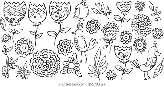 Flower Bird Doodle Vector Illustration Set