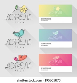 Flower bird and hearts logo design elements with visit card template