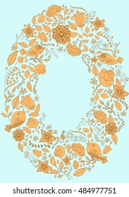 flower bird leaves hand draw frame