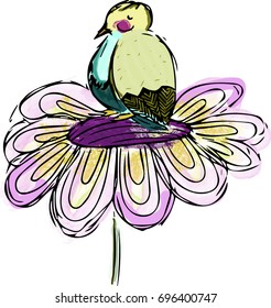 Flower and bird on a white background. Abstract summer background. 
