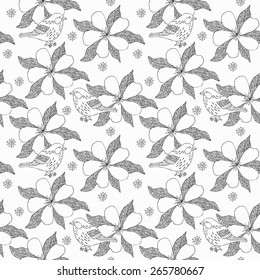 Flower and bird retro seamless background. Vector illustration.