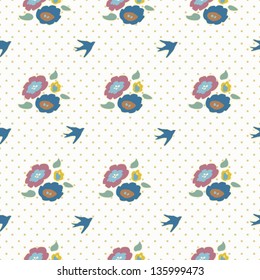 Flower and Bird Seamless Vector Dot Background