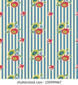 Flower and Bird Seamless Vector Stripe Background