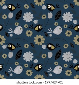 Flower and bird vector illustration seamless pattern. Vector templates for card, poster, flyer, banner and other use.Wrapping paper,textile,fabric.