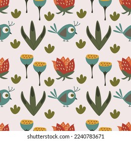 Ilustración de vectores de flores y pájaros sin costura.Ideal para textiles, tela, papel envolvente y cualquier impresión.Estilo de cosechas.