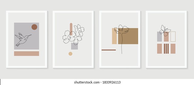 Flower and bird wall art vector set. Earth tone boho foliage flower line art drawing with  bird and butterfly.  Abstract Plant Art design for print, cover, wallpaper, Minimal and  natural wall art.
