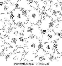 Flower black butterfly patterned leaves on a white background. Vector seamless pattern print on fabric baby bedding.