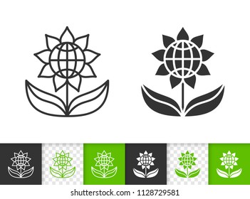 Flower black linear and silhouette icons. Thin line sign of eco sunflower. Green globe outline pictogram isolated on white green transparent background. Vector Icon shape. Flower simple symbol closeup