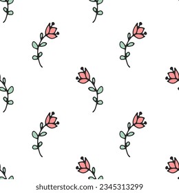 Flower with black outline. Seamless pattern. Vector illustration