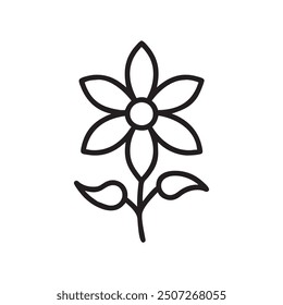A flower black outline with two leaves in vector