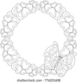 Flower black and white butterfly wreath for valentine day card. Coloring book page for adults and kids. Romantic vector illustration for gift card, flyer, certificate or banner