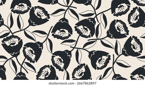 Padrão sem emenda preto e branco de flor. Resumo floral. Ilustração para tecido, têxteis, papel de parede, arte de parede, decoração e projeto de design, etc.