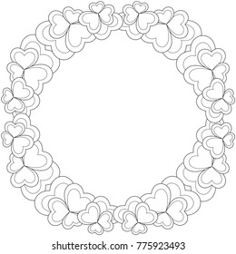 Flower black and white wreath for valentine day card. Coloring book page for adults and kids. Romantic vector illustration for gift card, flyer, certificate or banner