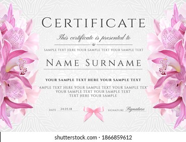 Flower blank background with pink orchid and line elegant silver curve pattern. Floral holiday design template useful for gift certificate, gift voucher, wedding design