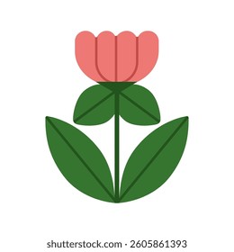 Flower bloom. Floral blossom icon. Beautiful garden plant, tulip with spring bud and symmetrical leaves, stem. Botanical natural flat graphic vector illustration isolated on white background