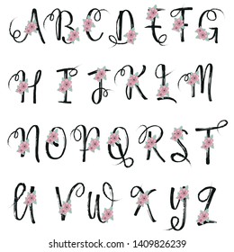 Flower bloom font Alphabet - spring vector Alphabet with flowers and leaves – font for wedding design and logotype elements 