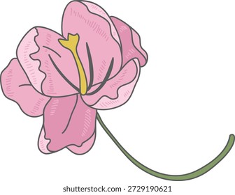 Flor floresce com pétala em camadas, haste longa e arte de linha de eclosão sutil. Símbolo de beleza, romance, elegância e natureza. Ilustração de vetor de desenhos animados.