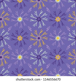 Flower Bloom Petals Vector Pattern, Hand Drawn Floral Seamless Background Nature Illustration for Spring Fashion Prints, Textiles, Trendy Home Decor, Modern Wallpaper, Gift Wrap, Lilac Purple Mint