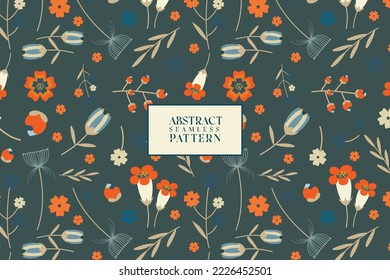 Flower bloom summer garden illustration graphic. Abstract vector seamless pattern on a dark background