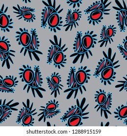 Flower bloom-abstract shapes seamless repeat pattern in Blue,red and Blak on grey background. Modern Pattern Background. Surface pattern Design, Perfect for Fabric, Scrapbook, wallpaper.