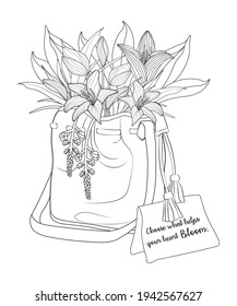 Flower blooming in crossbody bag with beautiful quote coloring book page for adult helps release stress outline vector illustration 