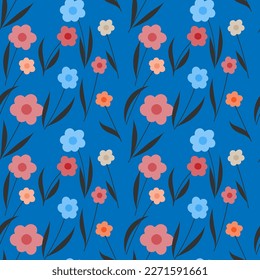 campo floreciente de flores patrón vectorial sin fisuras, estilo plano, fondo azul