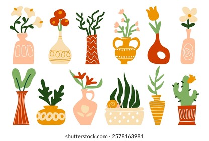 Flower blooms bouquet in vases, houseplants in pots isolated botanical set for home interior design. Decorative elegant flowerpots, potted succulent, beautiful blossom composition vector illustration