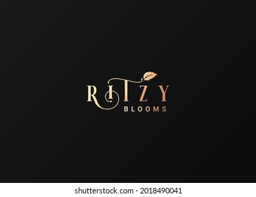 Flower blooms logo. Rose leaf ritzy luxury concept on black background