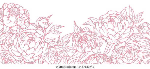 Flower blooms, outlined contoured drawing. Floral card, etched blossoms. Peonies in vintage retro style. Botanical design. Detailed sketchy garden plants. Natural hand-drawn vector illustration